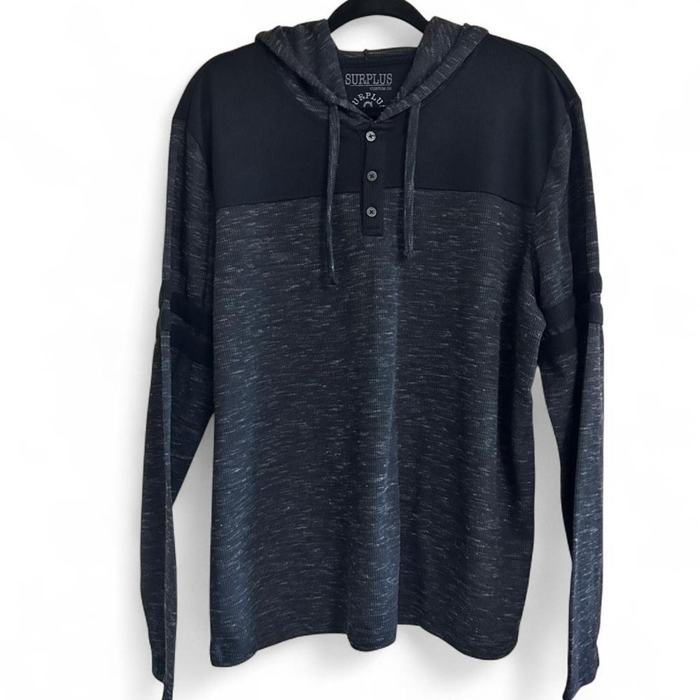 Men's Surplus Black And Gray Long Sleeve‎ Button Down Shirt With Hood Size XL